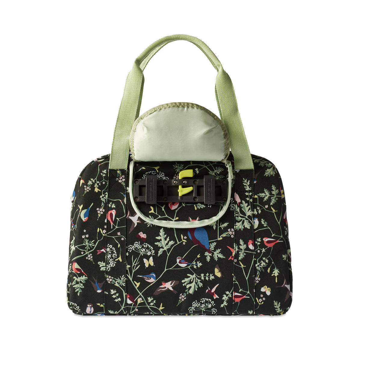 Basil Wanderlust transporte tout sac - sac à main à vélo noir avec imprimé d'oiseau coloré