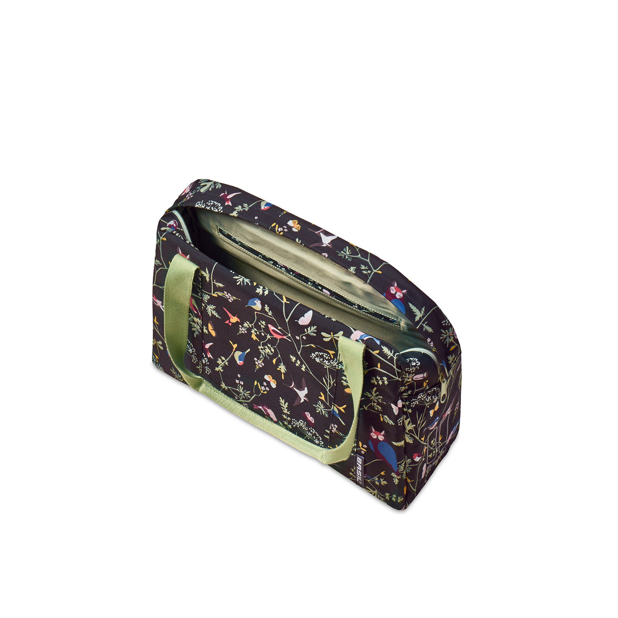 Basil Wanderlust transporte tout sac - sac à main à vélo noir avec imprimé d'oiseau coloré