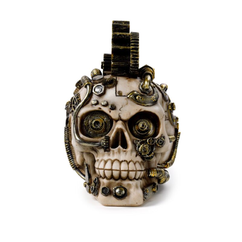 Crâne de style Steampunk avec engrenages et plumes, accessoire pour la maison