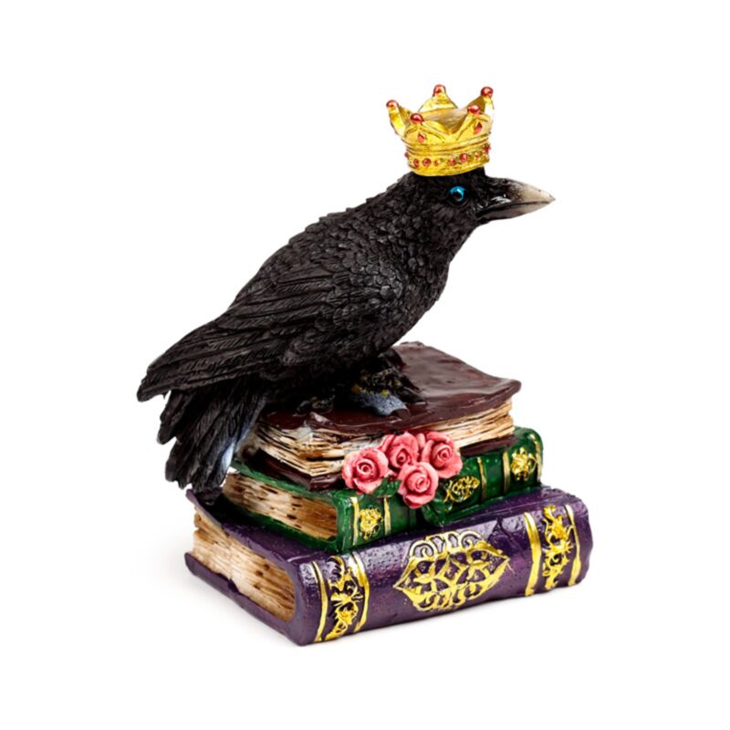 Corbeau avec couronne debout sur des livres