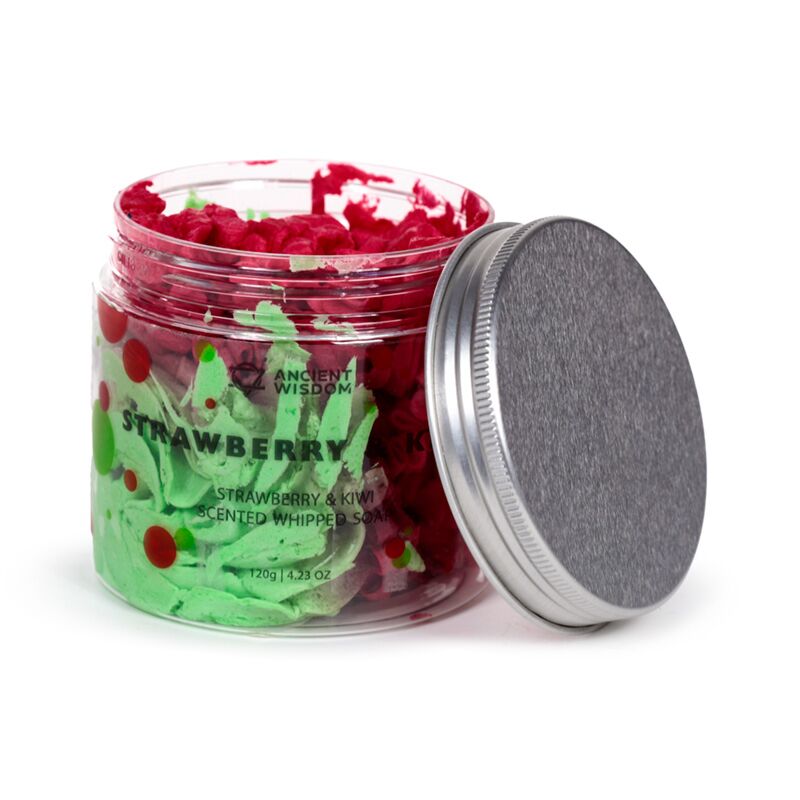 Pot de kiwi aux fraises avec nettoyant pour le corps au savon fouetté