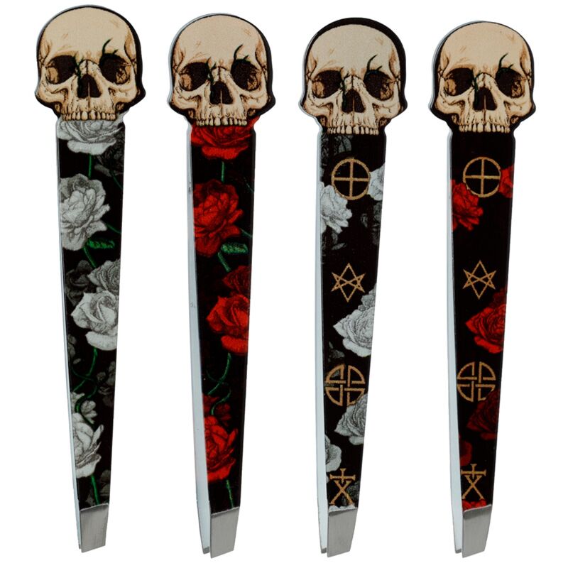 Pince à épiler en forme de tête de mort et de rose