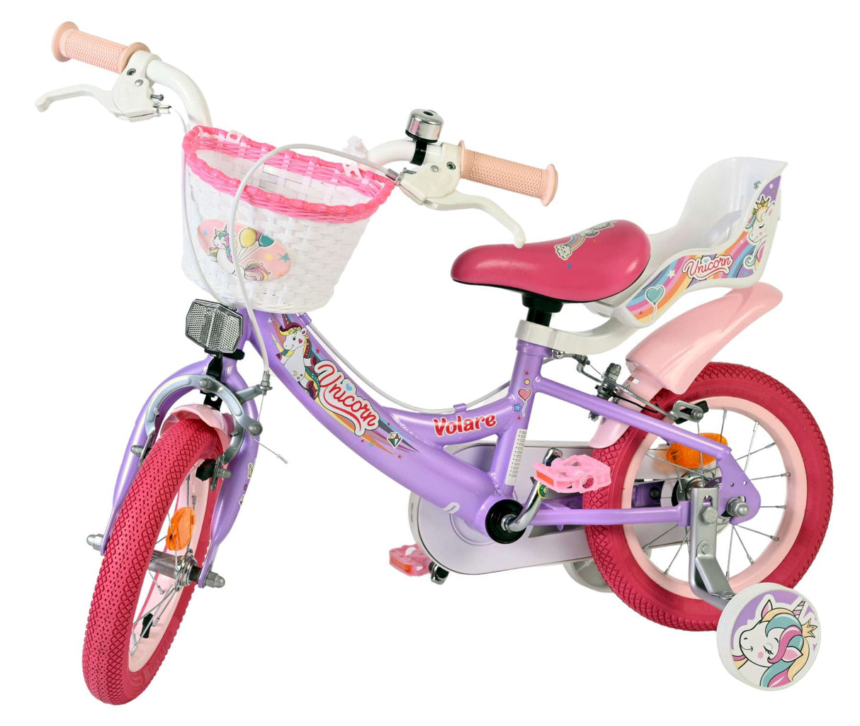 Vélo enfant Volare licorne - filles - 12 pouces - violet - deux freins à main