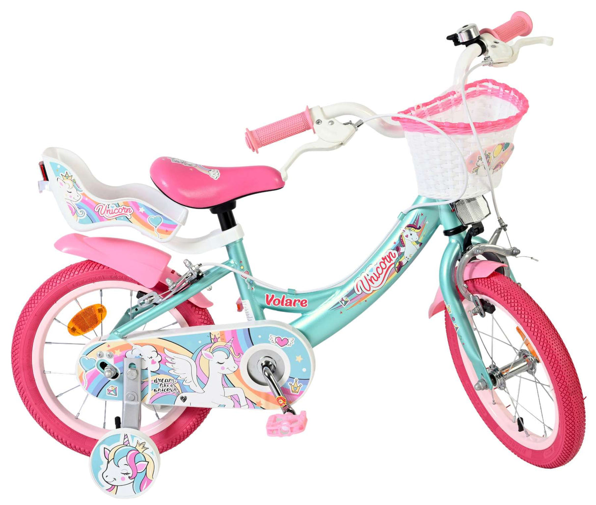 Vélo enfant Volare licorne - filles - 14 pouces - vert - deux freins à main