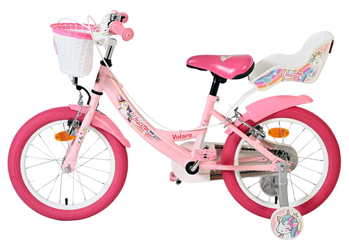 Vélo enfant Volare licorne - filles - 16 pouces - rose - deux freins à main