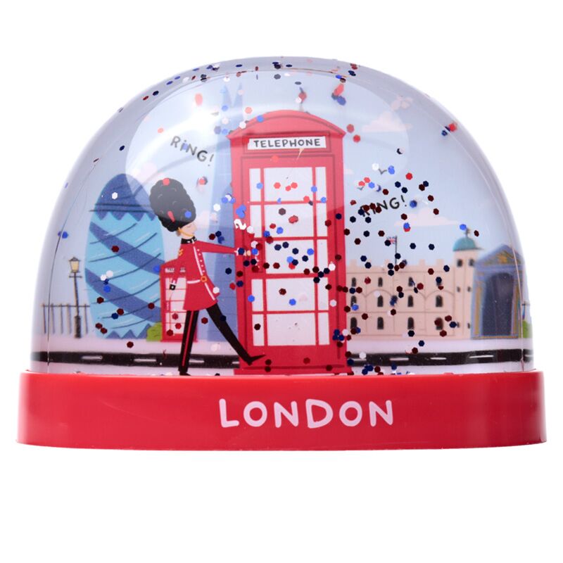 Cabine téléphonique rouge souvenir de Londres, boule à neige de la garde royale l