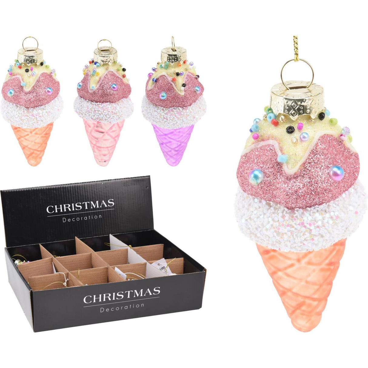 Pendentif cornet de glace verre 9cm présentoir 12pcs