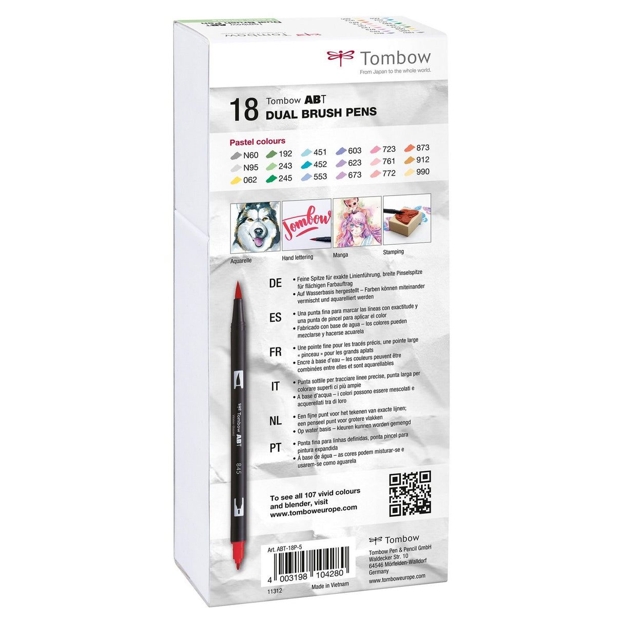 Tombow • stylo pinceau autour d'un stylo pinceau double 18x couleurs pastel