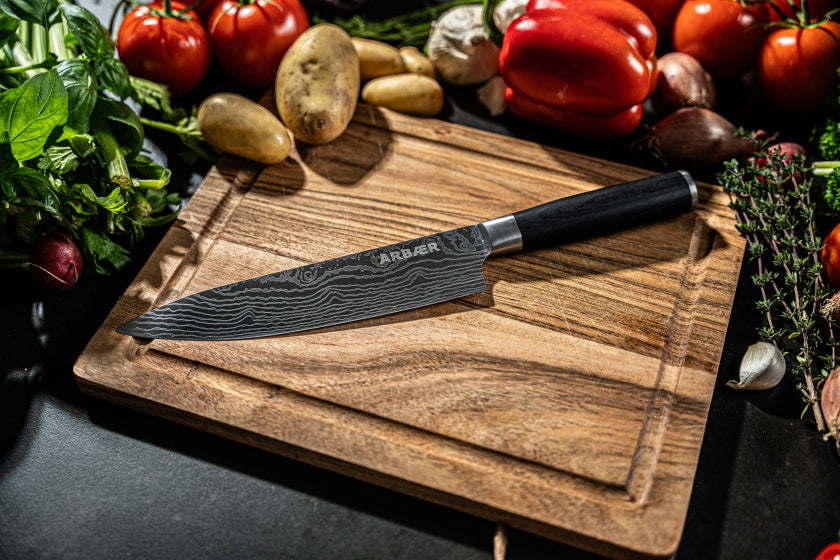 Couteau de chef Arbaer 20 cm manche en bois pakka imprimé damas japonais