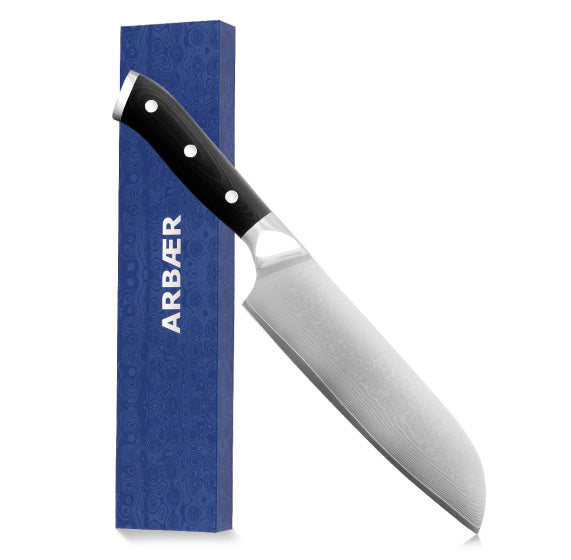 Couteau de chef Arbaer lame santoku japonaise 18 cm manche acier Damas G10