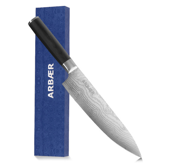 Couteau de chef Arbaer 20 cm manche en bois pakka imprimé damas japonais