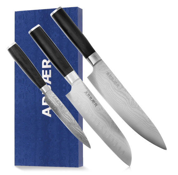 Ensemble de couteaux Arbaer 3 pièces, manche en bois pakka imprimé damas japonais