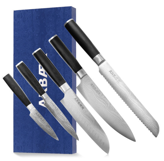 Ensemble de couteaux Arbaer 5 pièces, manche en bois pakka imprimé damas japonais