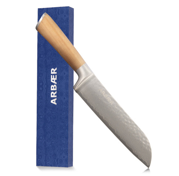 Arbaer santoku couteau de chef 18,5 cm acier damas manche bois d'olivier japonais