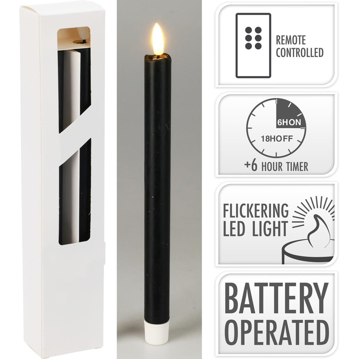 Bougie de dîner LED Home Styling noire, lot de 2 pièces 25 cm