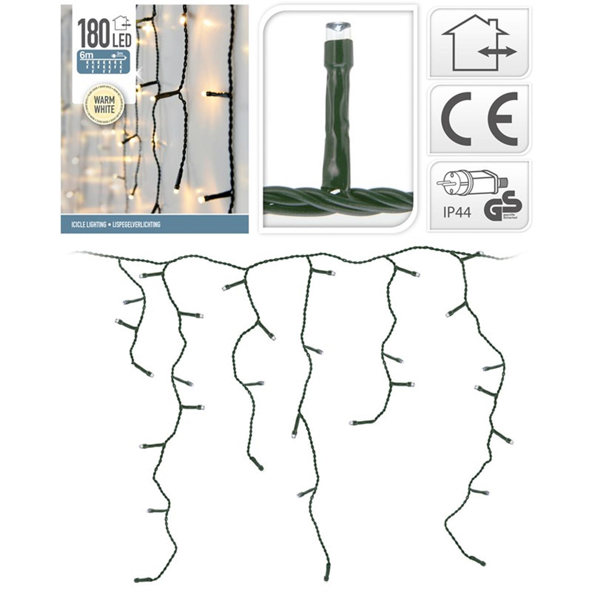 No brand Éclairage glaçon de Noël 180 LED blanc chaud extérieur, fil vert clair 5mm 600x52cm IP44