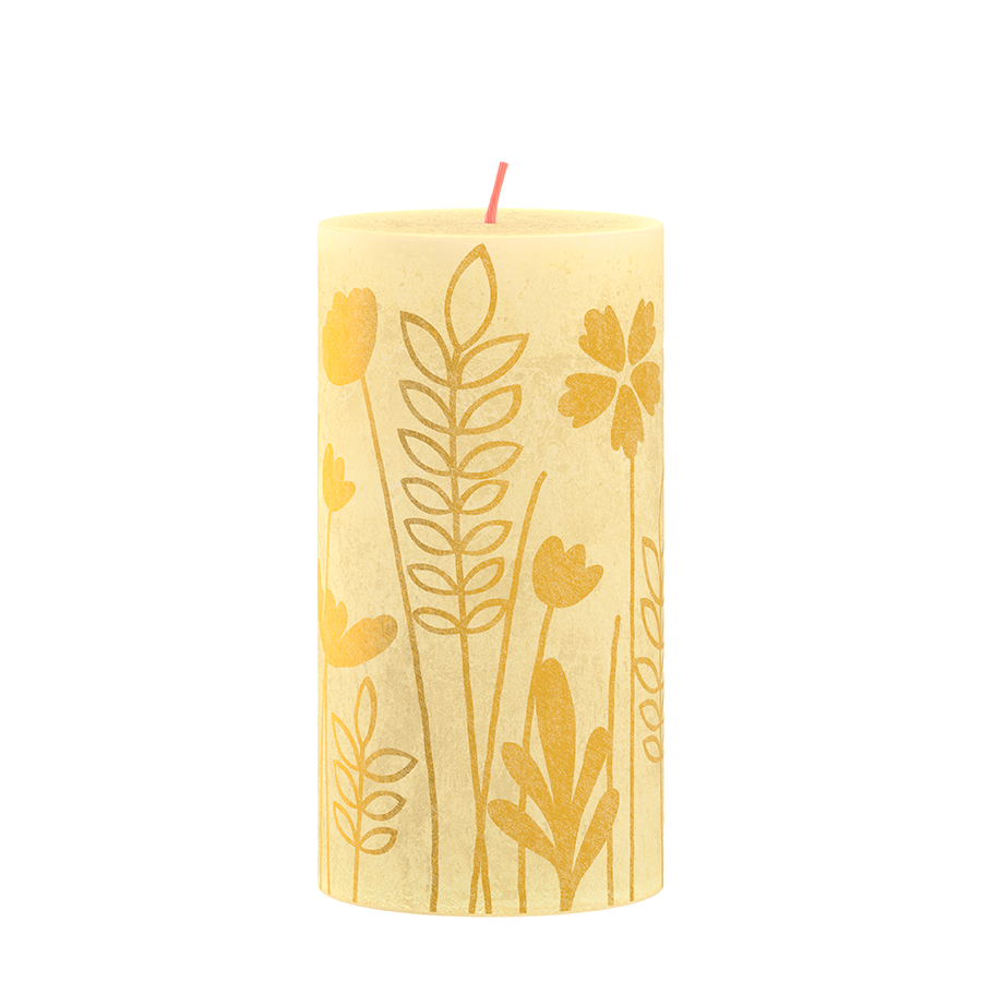 Bougie pilier Bolsius silhouette jaune beurre avec imprimé 13x6,8 cm