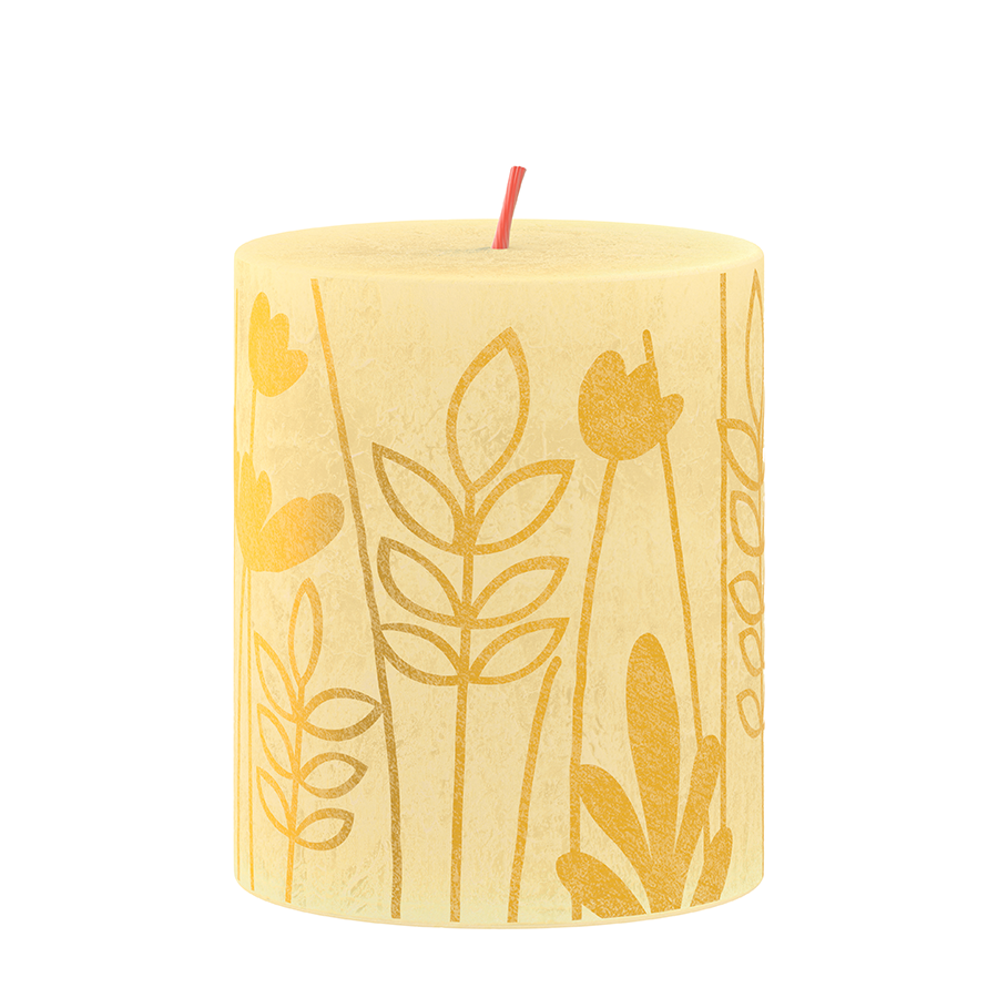 Bougie pilier Bolsius silhouette jaune beurre avec imprimé 8x6,8 cm