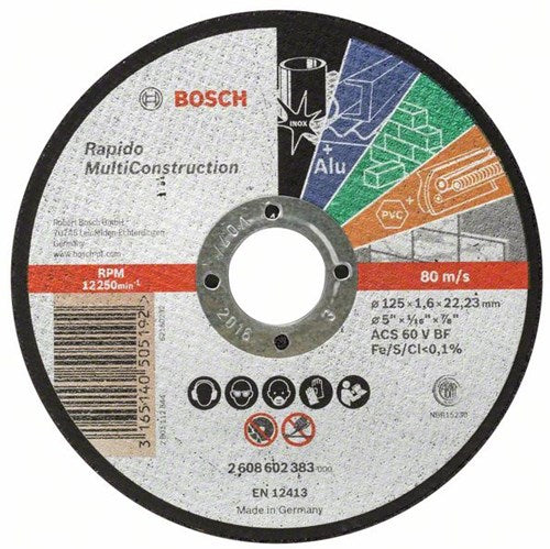 Bosch accessoires disque à tronçonner droit rapido multi construction acs 46 v bf, 125 mm, 22,23 mm, 1,6 mm - 1 pièce - 2608602383