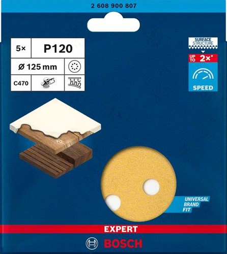 Bosch accessoires papier abrasif expert c470 pour ponceuses excentriques 125 mm, 8 trous, k120 5 pièces - 2608900807