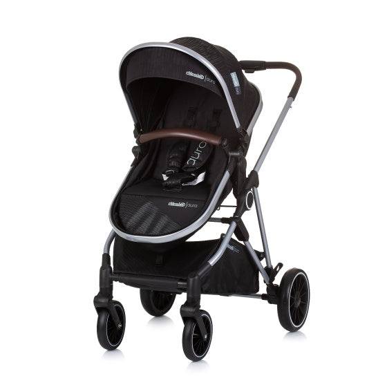 Chipolino Aura pliable 3-en-1 Pram avec sac à couches Obsidian noir argent