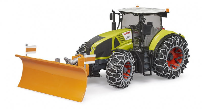 Tracteur Bruder Claas Axion 950 avec chaînes à neige et lame de charrue