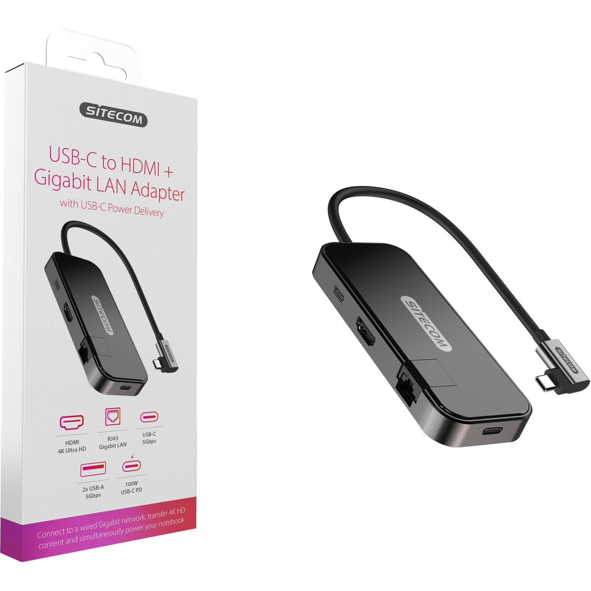 Adaptateur Sitecom USB-C vers HDMI + Gigabit LAN (noir)