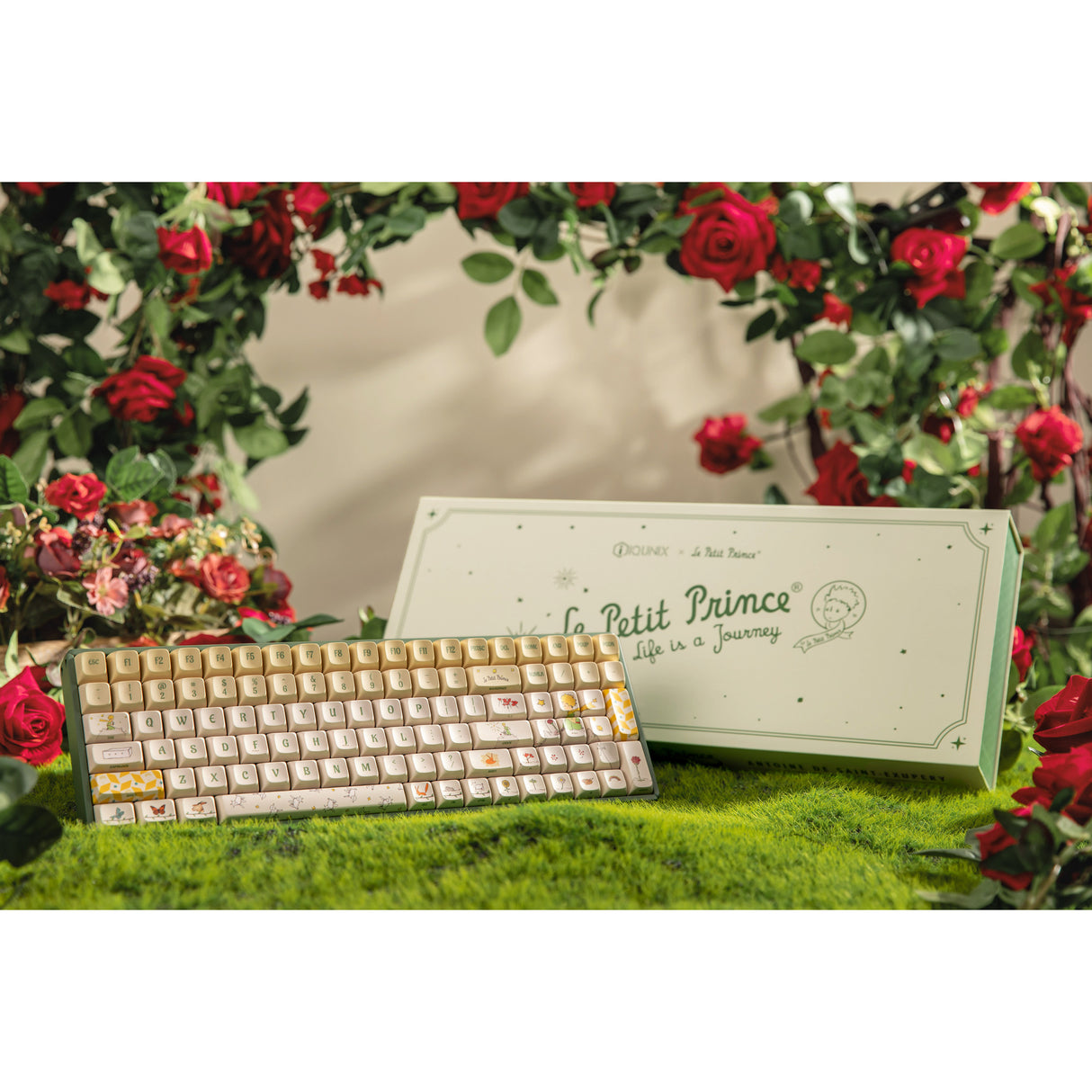 Clavier de jeu mécanique RVB Iqunix f97 floral date (vert, disposition américaine (qwerty), iquunix petit prince, 96 %, LED RVB, remplaçable à chaud, pbt, 2,4 GHz | Bluetooth 5.1 | USB-C)