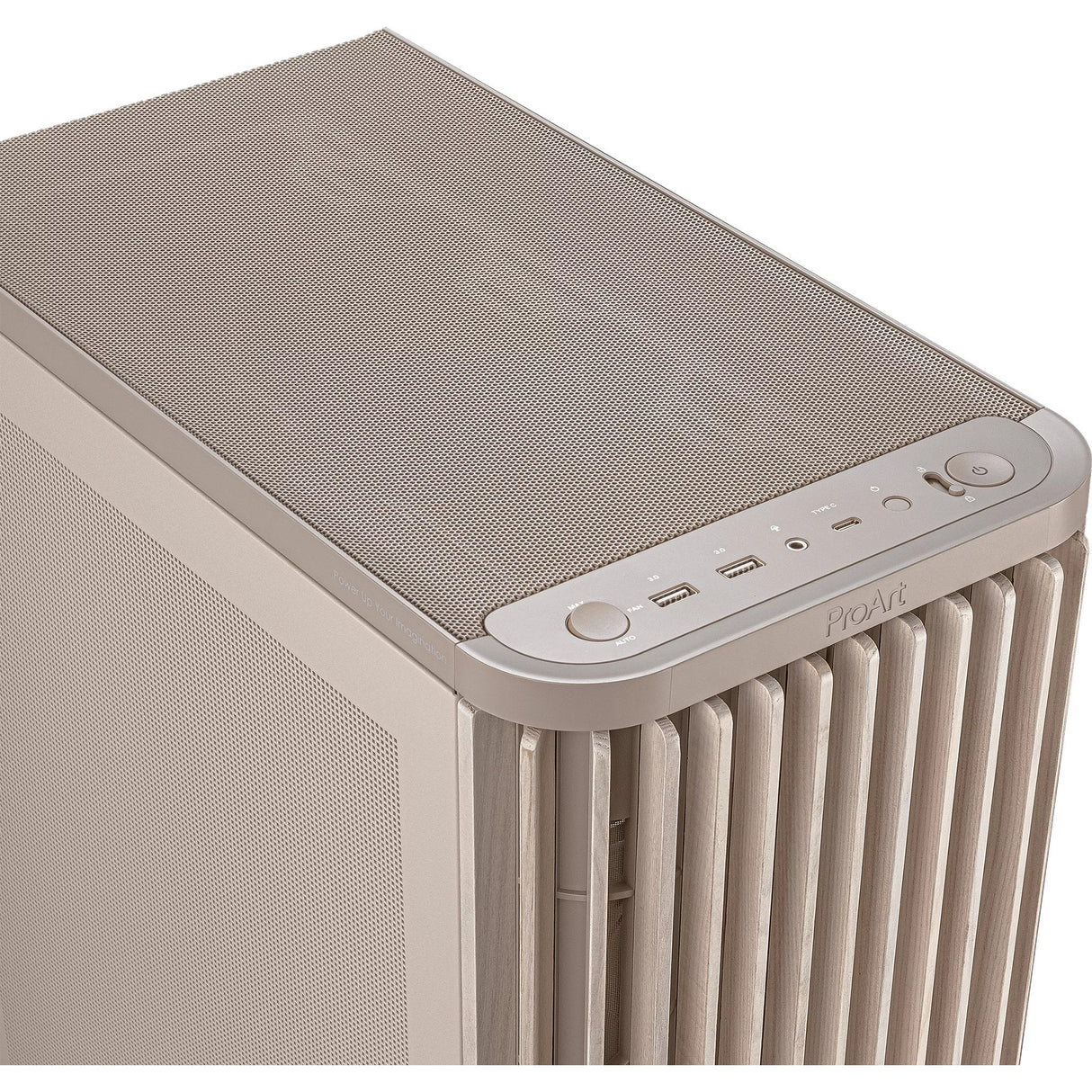 Asus proart pa401 wood edition - mesh panel midi tower behuizing (beige houtkleur | 2x usb-a | 1x usb-c)
