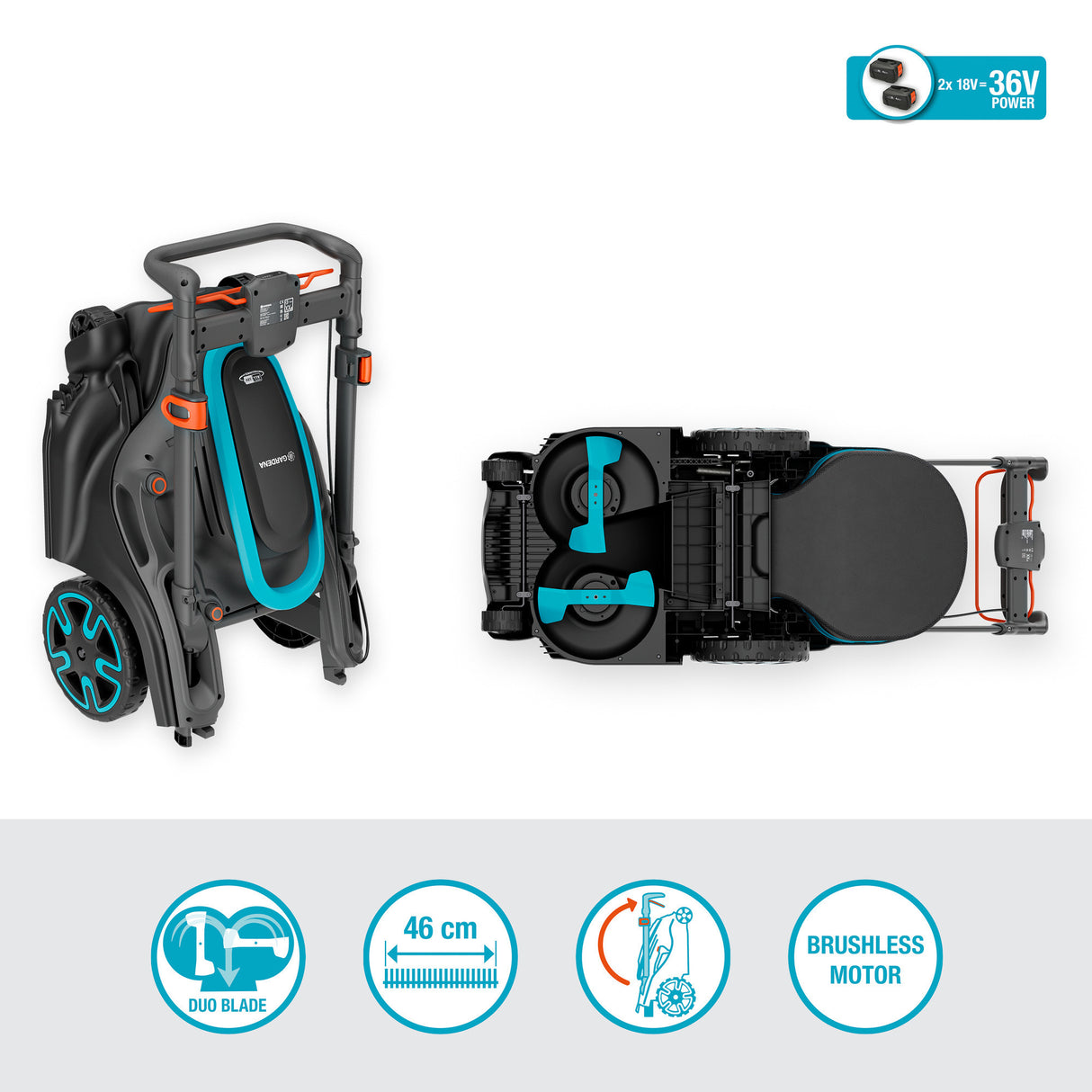 Gardena tondeuse à gazon powermax duo 46 36v (gris noir, 2x batterie et chargeur inclus)