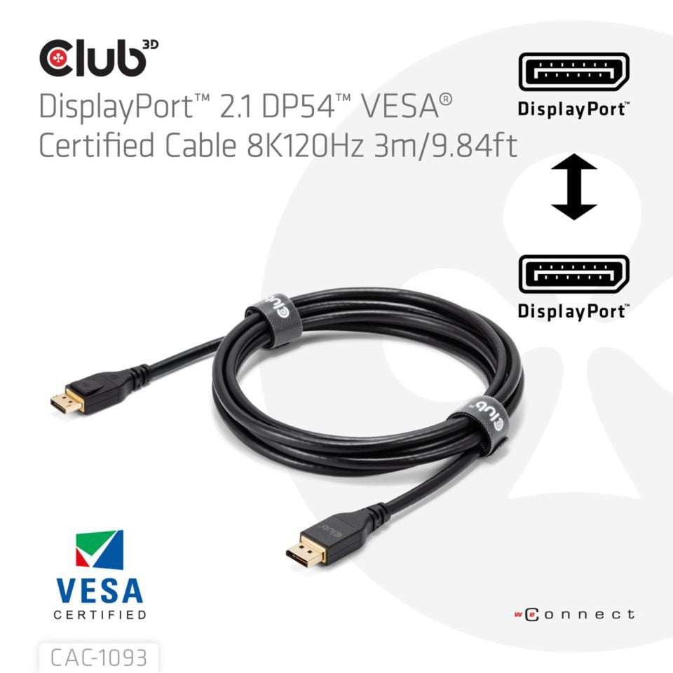 Câble certifié Club 3D DisplayPort 2.1 Vesa DP54 mâle-mâle (noir, 3 mètres, 4K 240 Hz, 8K 120 Hz, 54 Gbps)
