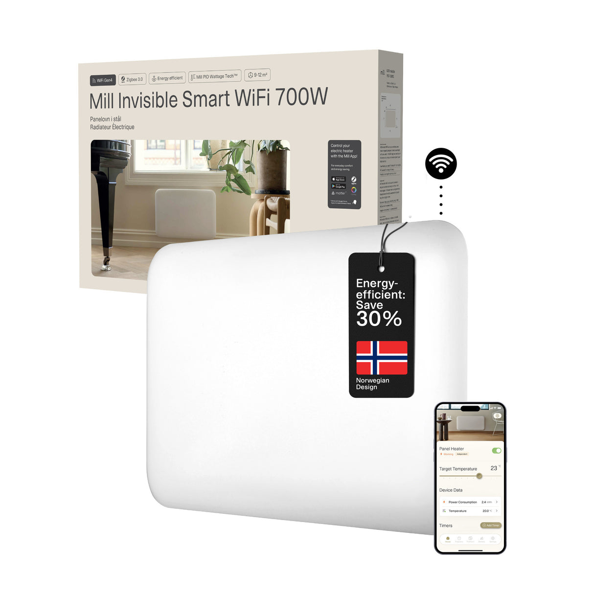 Panneau chauffant wifi Mill steel pa700wifi4, convecteur 700 watts (blanc, wifi 2,4 ghz (wifi 6), bluetooth 5.2, zigbee 3.0 + app)
