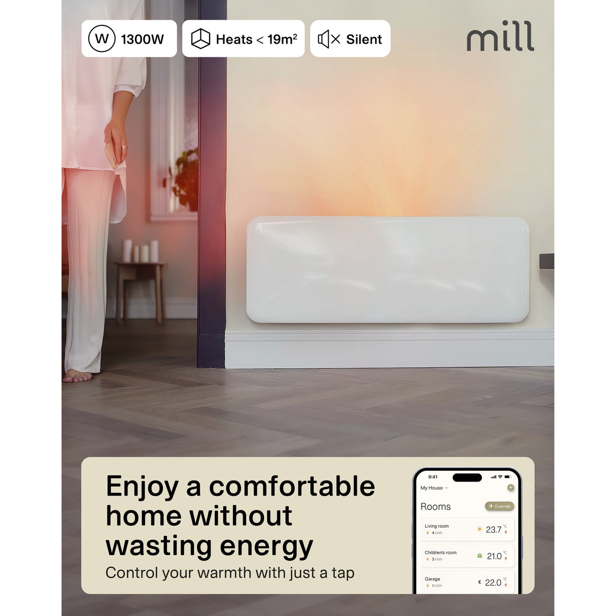 Panneau chauffant wifi Mill steel pa1300wifi4, convecteur 1300 watts (blanc, wifi 2,4 ghz (wifi 6), bluetooth 5.2, zigbee 3.0 + app)