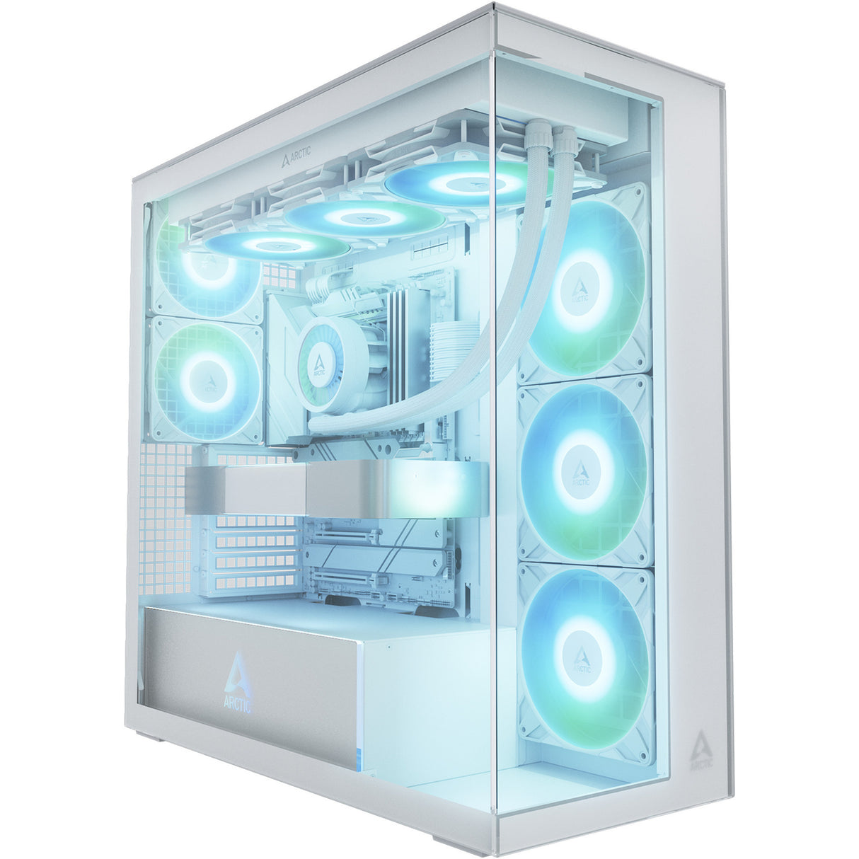 Boîtier tour midi Arctic xtender (blanc | 2x USB-A | 1x USB-C | RVB | verre trempé)