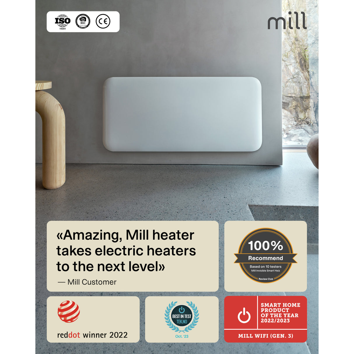 Panneau chauffant WiFi Mill Steel pa1500wifi4a, convecteur 1500 watts (blanc, WiFi 2,4 GHz (WiFi 6), Bluetooth 5.2, ZigBee 3.0 + application)