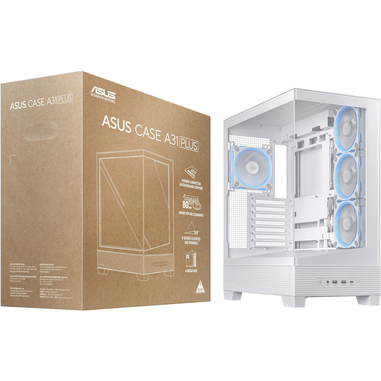 Boîtier tour midi Asus a31 plus (blanc | 2x USB-A | 2x USB-C | verre trempé)