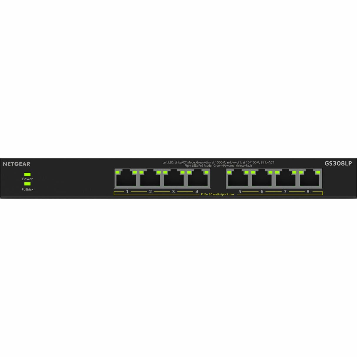 Netgear 8-poorts gigabit ethernet unmanaged poe+ essentials switch (gs308lp) (zwart, 60 watt poe)