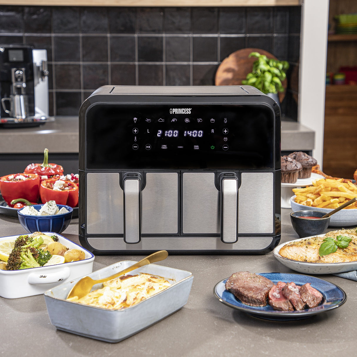 Friteuse à air chaud Princess double panier Aerofryer (noir, 2x 4 litres)
