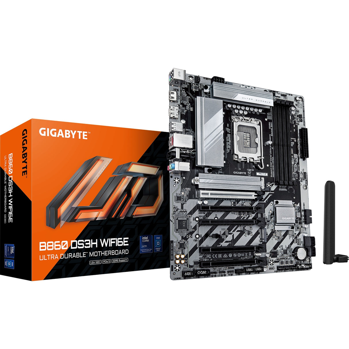 Carte mère Gigabyte B860 DS3H WiFi 6E Socket 1851 (argent noir, RAID, 2,5 Go-LAN, WiFi 6E, BT, son, ATX)