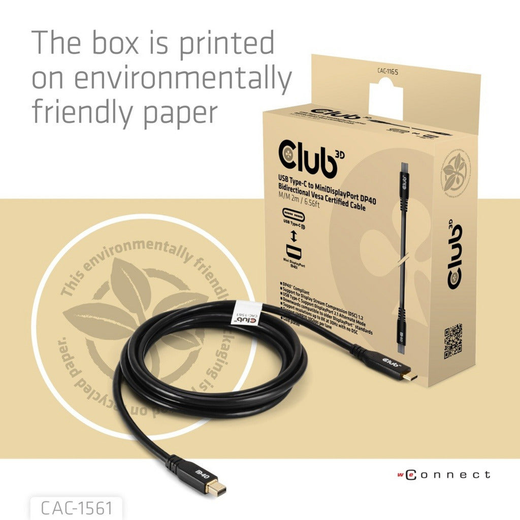 Adaptateur bidirectionnel Club 3D USB-C vers Mini DisplayPort DP40 (noir, 2 mètres, certifié Vesa)