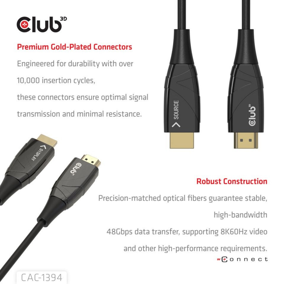 Câble aoc hybride hdmi Club 3d 8k60hz 4k120hz, câble de 100 m (noir)