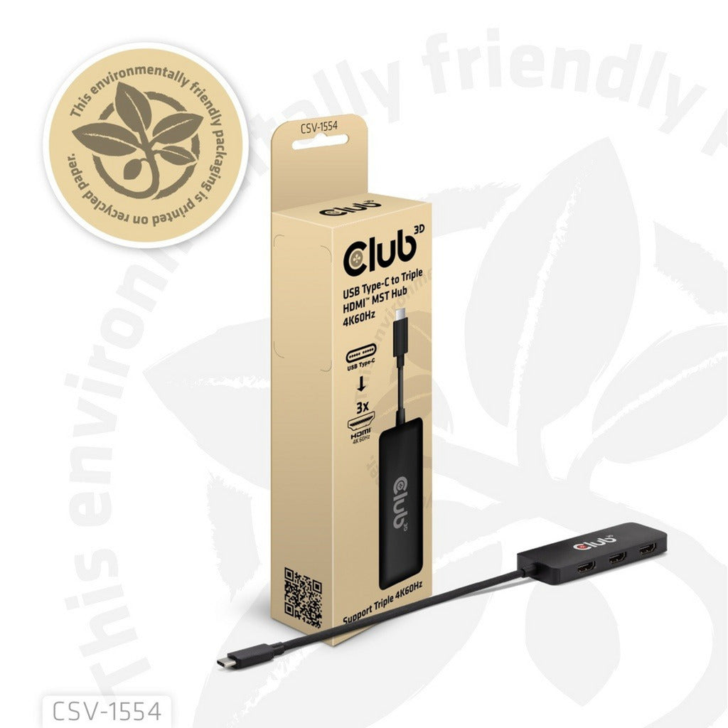 Adaptateur Club 3D USB-C vers Triple HDMI MST Hub 4K60Hz (Noir)