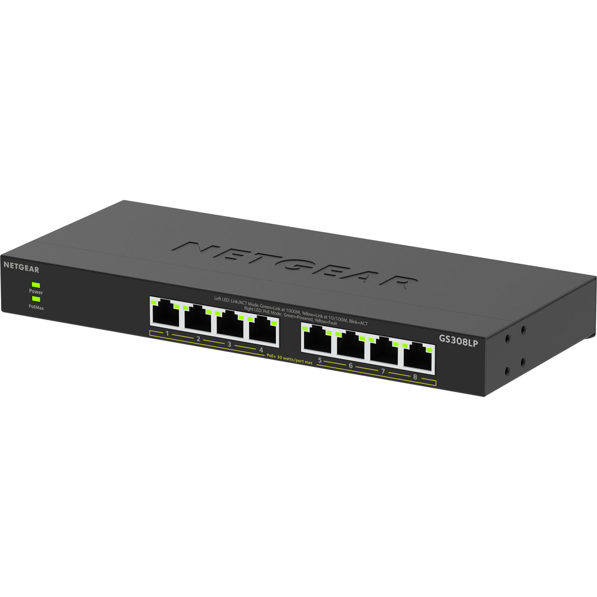 Netgear 8-poorts gigabit ethernet unmanaged poe+ essentials switch (gs308lp) (zwart, 60 watt poe)