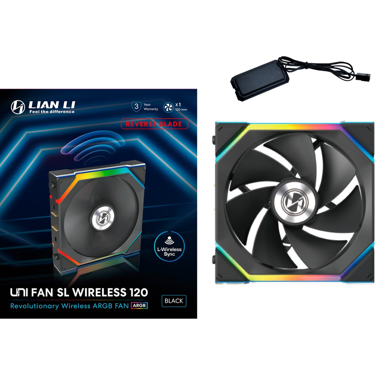 Lian Li Uni Fan SL120 Ventilateur de boîtier RVB à lame inversée sans fil (Noir, 120 x 124,5 x 28 mm, PWM)