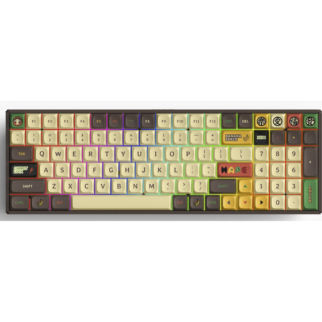 Clavier mécanique sans fil Iqunix f97 happy ape (bruin, disposition américaine (qwerty), gateron brown, 96 %, LED RVB, remplaçable à chaud, pbt, 2,4 GHz | Bluetooth 5.1 | USB-C)