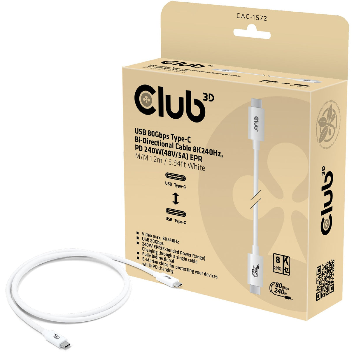 Club 3d USB-C 80 Gbit/s certifié 240 W 8 K 240 Hz.