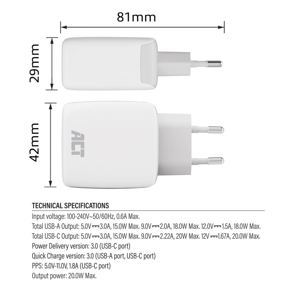 Act usb-c usb-a chargeur 20w pd pps, charge rapide, ganfast