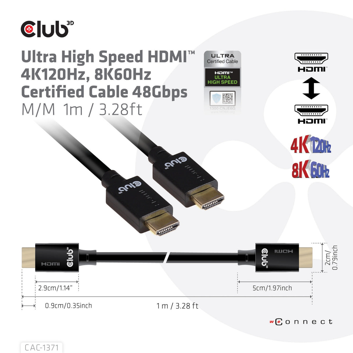 Câble HDMI ultra haut débit Club 3D (noir, 1 mètre, 4K 120 Hz, 8K 60 Hz, 48 Gbps)