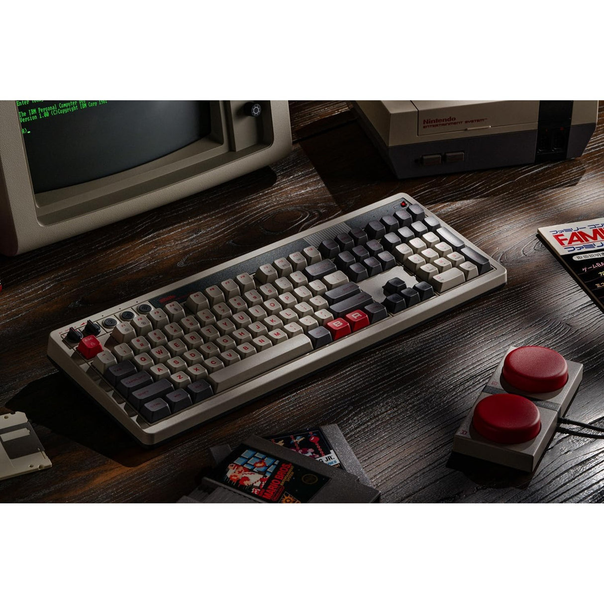 Clavier mécanique rétro 8bitdo n édition (gris, disposition américaine (qwerty), boîte kailh blanche, 100%, bluetooth basse consommation, sans fil 2,4 g, usb)