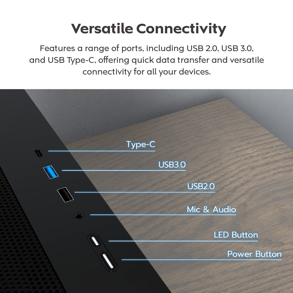 Boîtier tour midi Montech x5m (noir | 2x USB-A | 1x USB-C | RGB | verre trempé)